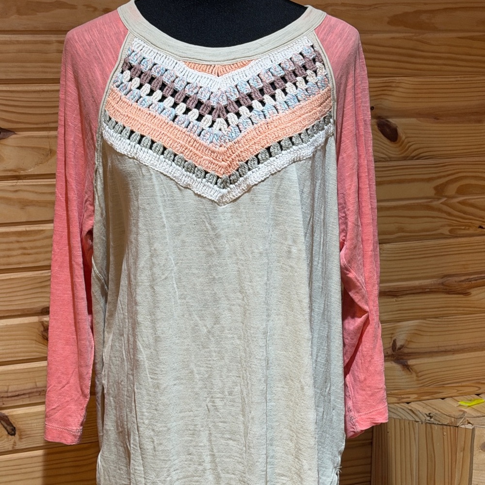 Free People Pink and Cream Long Sleeve Top